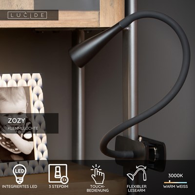 Lucide ZOZY - Klemmleuchte - LED 3 StepDim - 1x4W 3000K - Schwarz